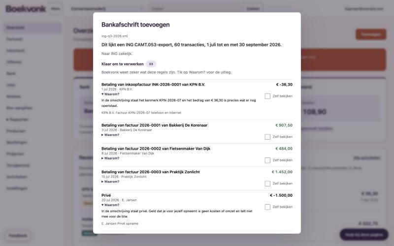 Het venster Bankafschrift toevoegen: Boekvonk herkent een ING CAMT.053-export met 60 transacties en toont per regel een voorstel, zoals de betaling van een factuur of privé, met de uitleg onder Waarom.