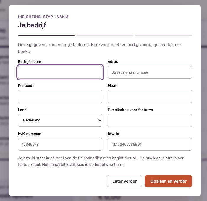 Stap 1 van de inrichting: velden voor bedrijfsnaam, adres, postcode, plaats, land, e-mailadres, KvK-nummer en btw-id.