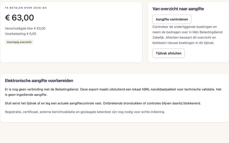 Het scherm Btw-aangifte voor kwartaal 4 van 2026 met het te betalen bedrag, de verschuldigde btw en de voorbelasting.