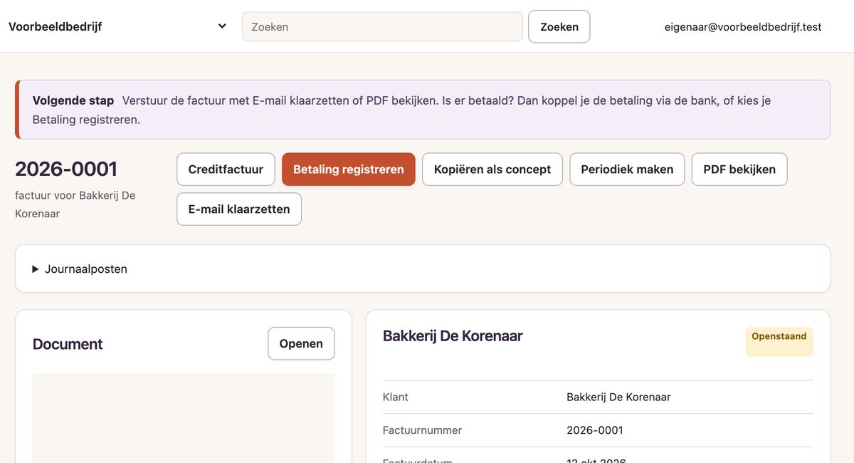 Een definitieve factuur 2026-0001 met de knoppen Creditfactuur, Betaling registreren, PDF bekijken en E-mail klaarzetten.