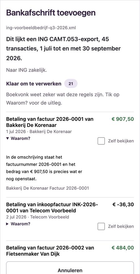Hetzelfde venster op een telefoon, met onderaan de knop Alles verwerken voor 21 regels.