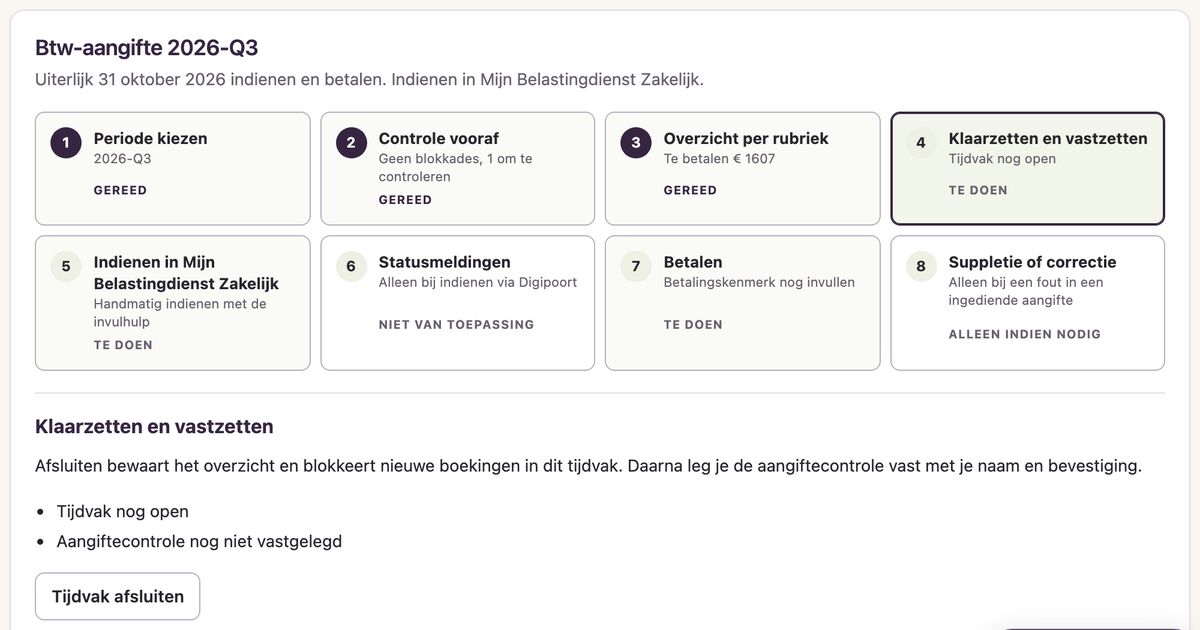 De btw-aangifte over het derde kwartaal in acht stappen: periode kiezen, controle vooraf, overzicht per rubriek, klaarzetten en vastzetten, indienen in Mijn Belastingdienst Zakelijk, statusmeldingen, betalen en suppletie of correctie. Bij elke stap staat of hij gereed is of nog te doen.