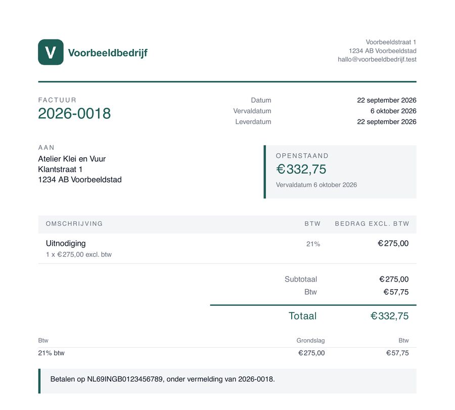 Een factuur van Voorbeeldbedrijf met het eigen logo linksboven en koppen, lijnen en totaal in de groene merkkleur van het bedrijf.